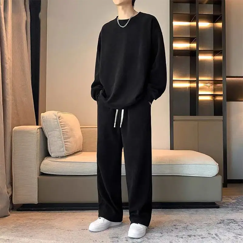 200 Pounds Sweatshirt Sports Suit for Men Spring and Autumn Loose Round Neck Versatile Boys Casual New Handsome Two-piece Set