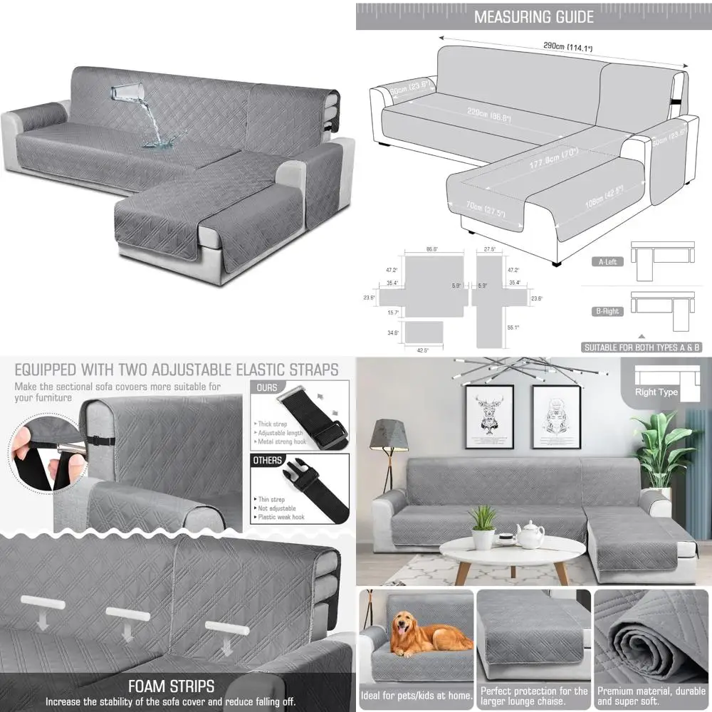 

Waterproof L-Shaped Sectional Sofa Covers with Chaise Lounge, 3-Piece Reversible Couch Cover for Pets and Kids