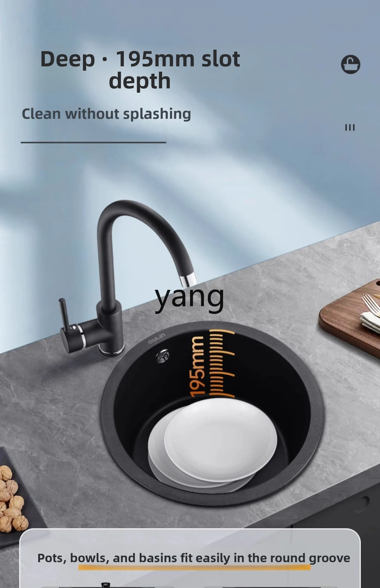 LMM black round single slot granite kitchen vegetable sink single slot set vegetable sink