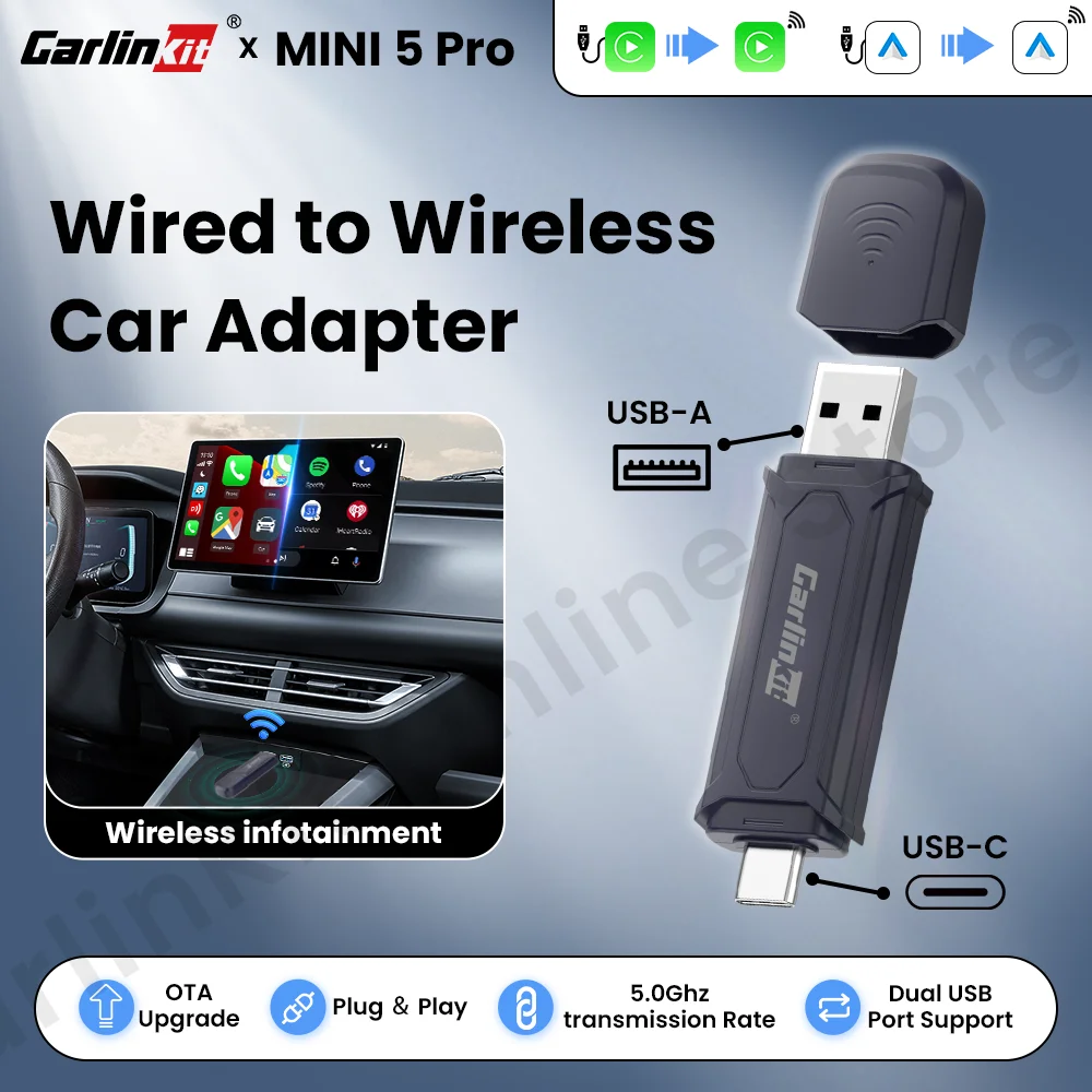 Carlinkit Mini 5 Pro Wired to Wireless Adapter Seamless Connection for Wired Carplay/Android auto Ble Wifiinfortainment Upgrade