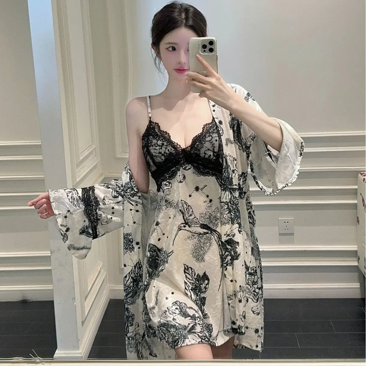 

Velour Sexy Kimono Bathrobe Print Wedding 2PCS Robe Set Casual Home Clothes Nightgown Lace Trim Sleepwear Nightwear Lingerie