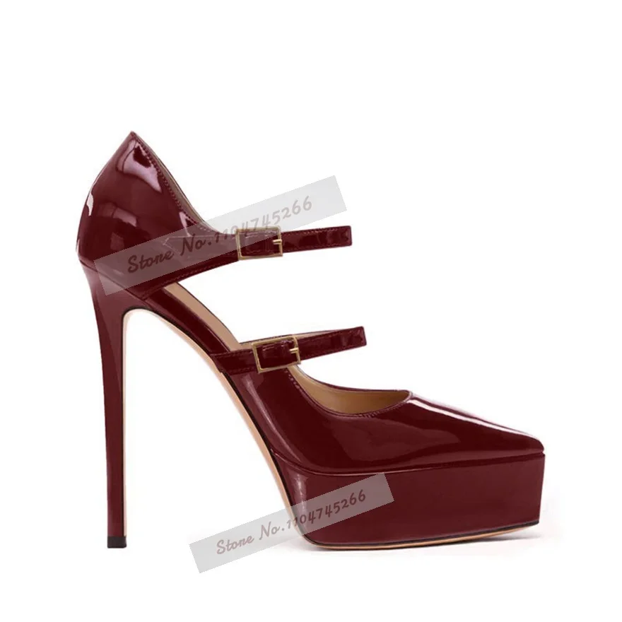 

Burgundy Polished Platform High Heel Shoes Women Wine Red Patent Leather Pointed Toe Dress Pumps Buckle Strap Shallow Heels