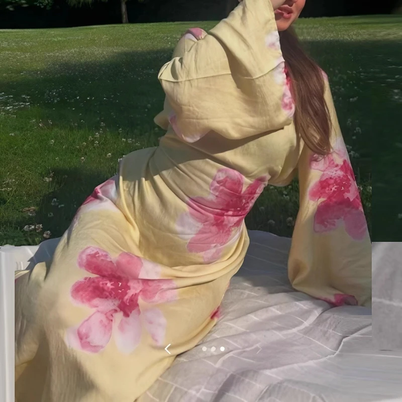 Jesienna Sukienka Damska Casual z Nadrukiem Boho Dekolt O Długi Rękaw Kwiatowa Żółta Sukienka Plażowa Wakacyjna Sukienka Damska na Imprezę Letnia