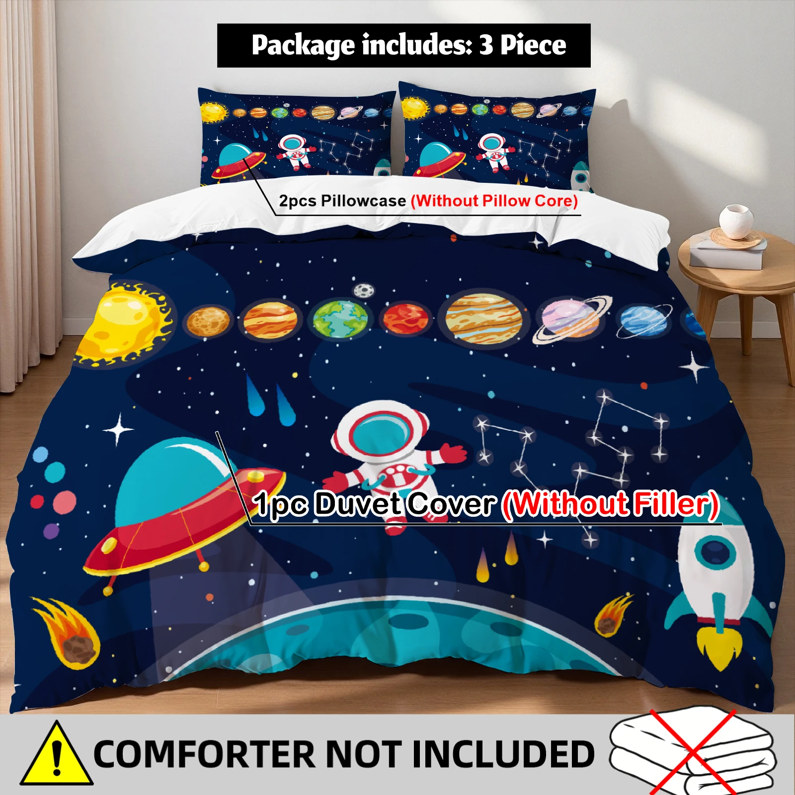 Space Astronaut Planets Duvet Cover Set 2 Pillowcases Navy Blue Kids Bedroom Decor Gift For Boys/Girls Twin Queen King Size