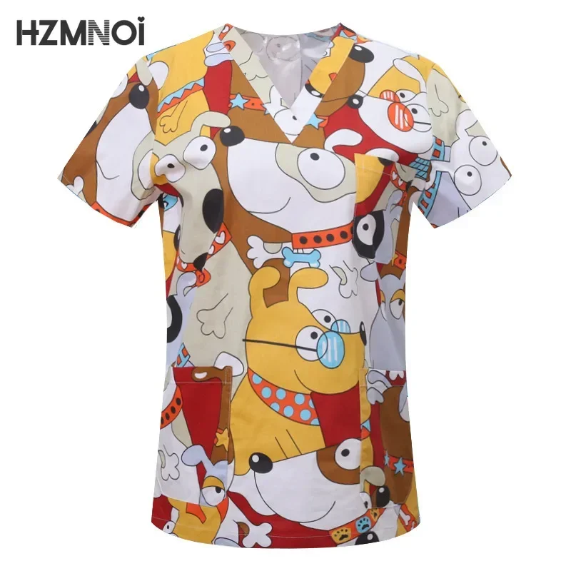 Cartoon Animals Print Pet Clinic Hospital Nursing Scrub Tops Shirts bawełna Stomatologia Lekarz Bluzka Medyczne mundury chirurgiczne