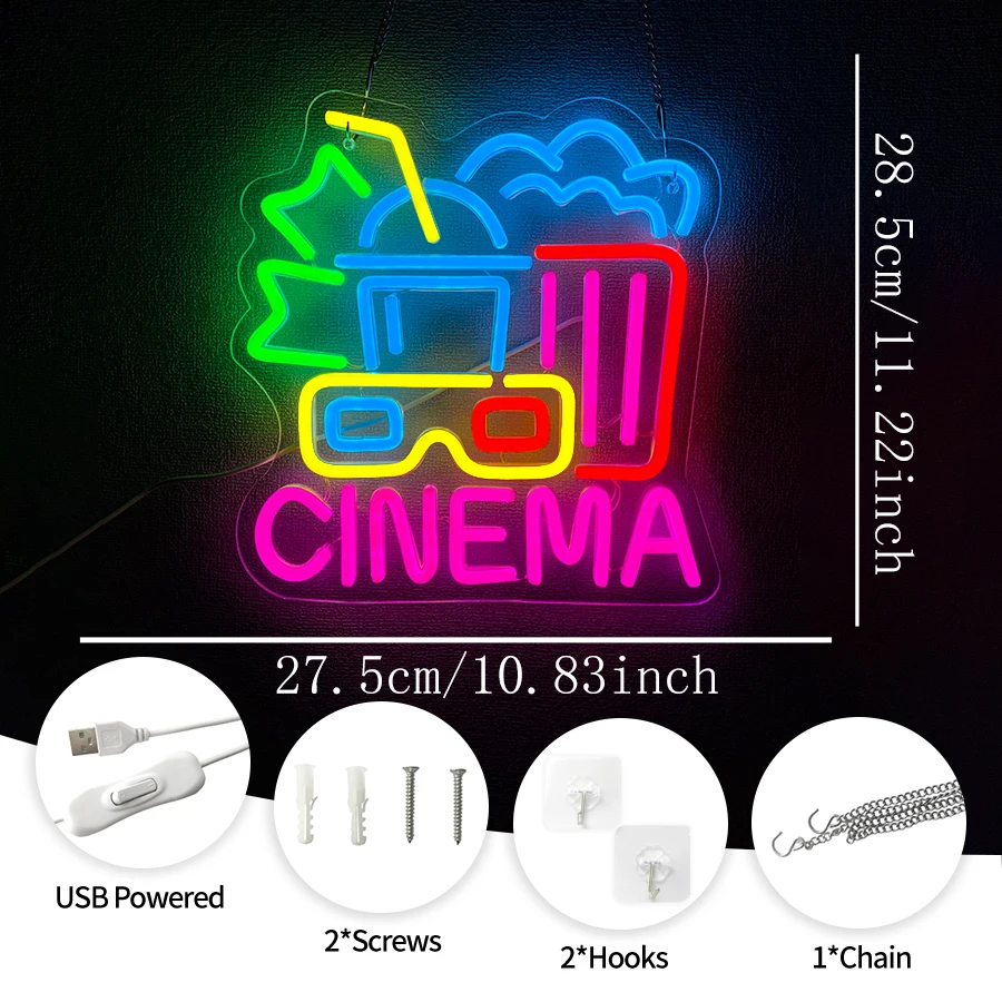 Cinema Neon Sign Movie Time Neon Lights Popcorn Cinema LED Light USB Powered Neon for Wall Decor Film Cinema Room Party Man Cave