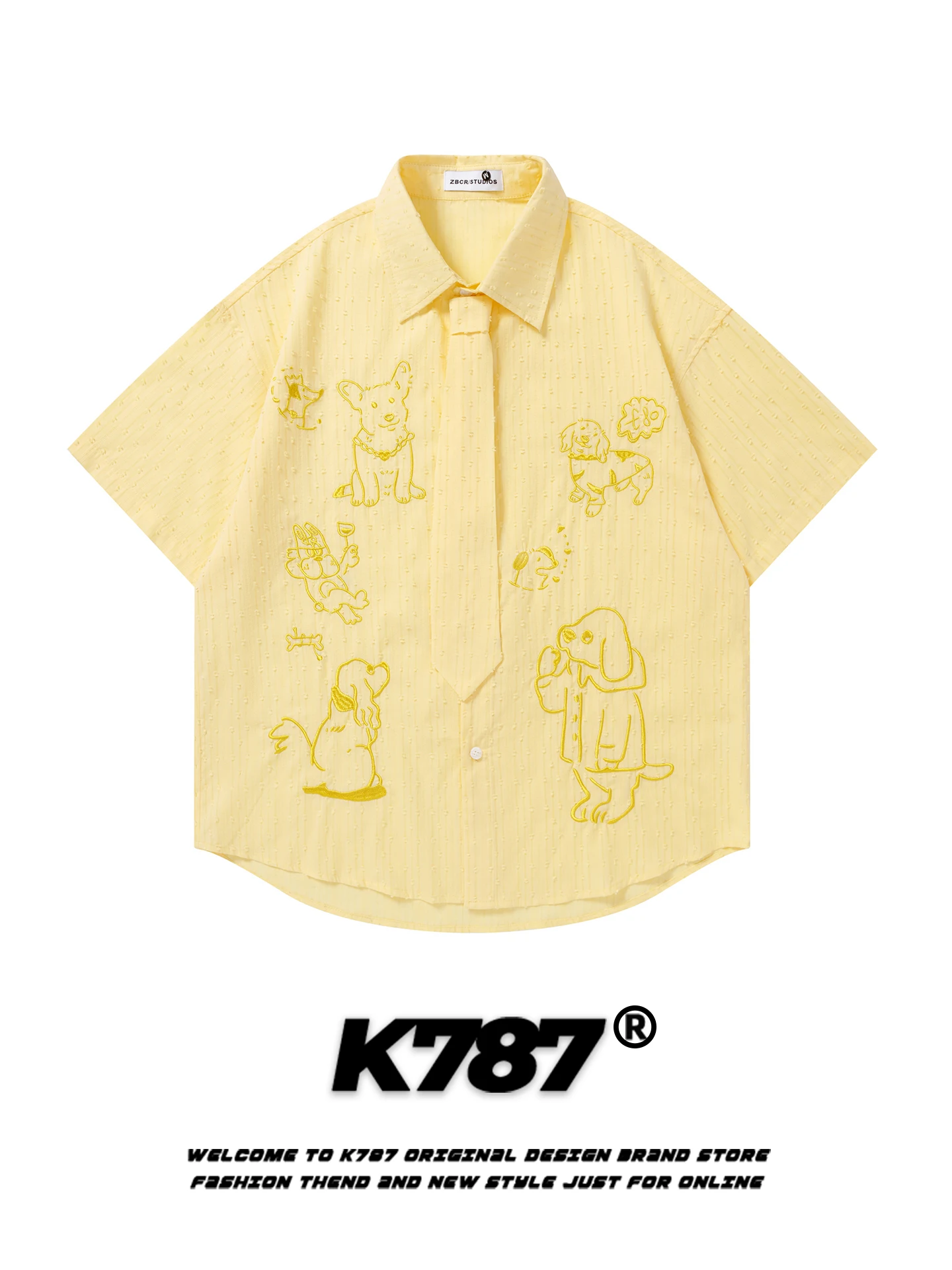 

Мужская футболка K787 в японском ретро-стиле с вышивкой собаки, повседневная, свободного кроя, с коротким рукавом, простой дизайн, удобная, свободная посадка