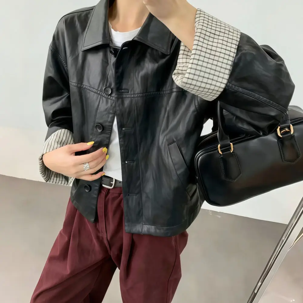 Autumn Casual Women Faux Leather Coat Korean Style Loose Fit Commuter Jacket Lapel Fashion Patchwork Short Outwear Top