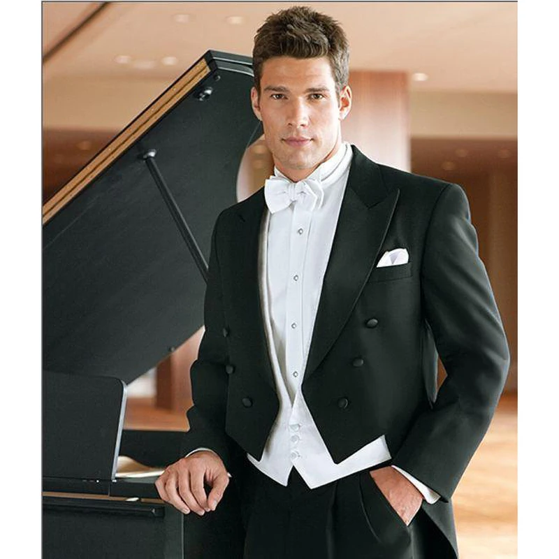 Formal Solid Men Suits Black Chic Prom Party Concert Male Clothing Fashion Groom Wedding Tailcoat 3 Piece (Jacket+Vest+Pants)