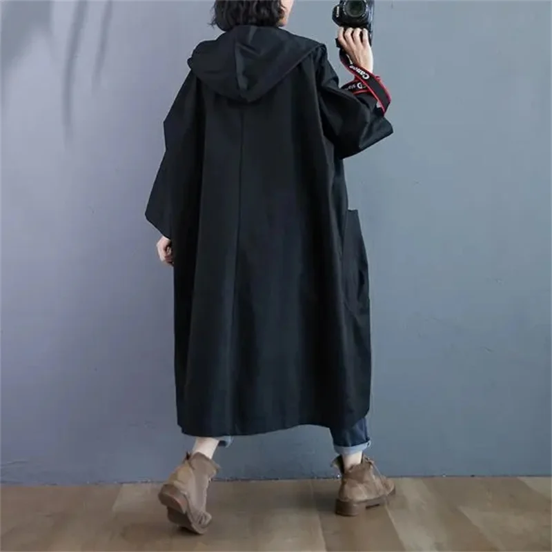 Oversized Spring And Autumn Trench Coat Women\'s New Korean Loose Versatile Hooded Windbreaker Women\'s Long Coat Big Pocket Jacke