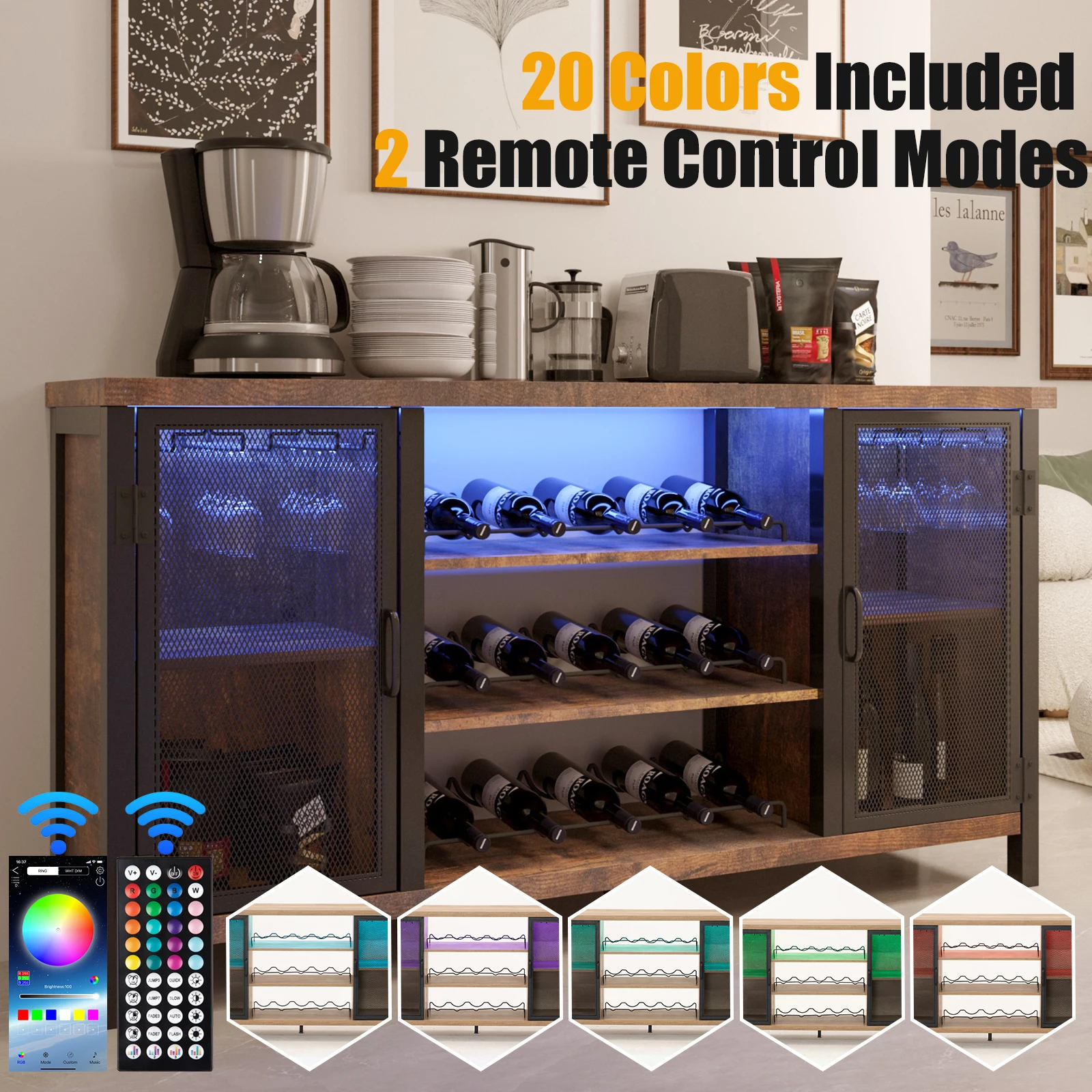 Household LED Wine Bar Cabinet, Mesa de madeira e aço com porta-garrafas, Farmhouse Coffee Bar, 2 portas de dobrar