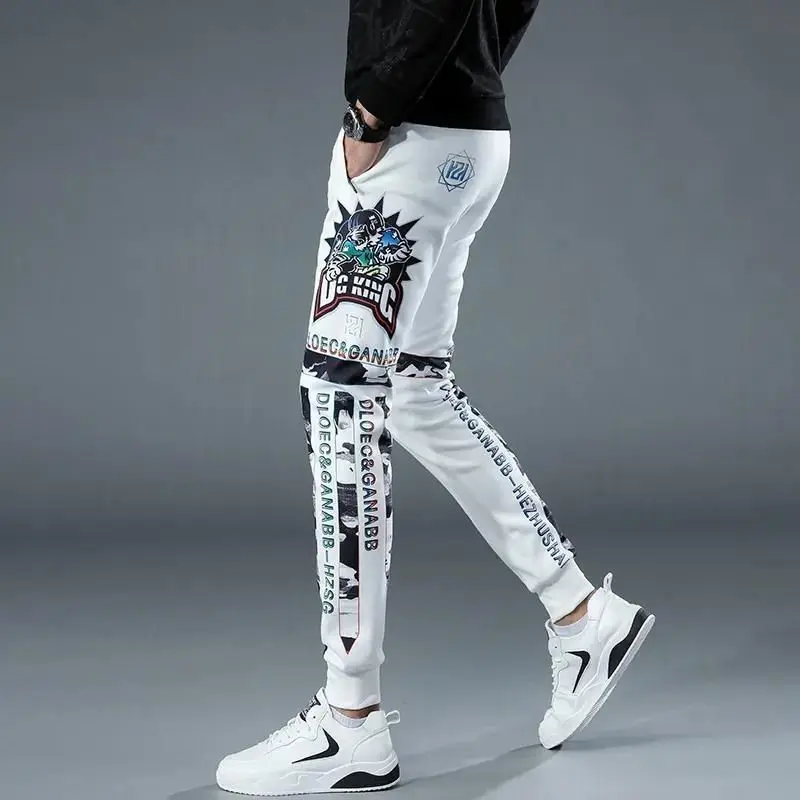 Men's Clothing White Casual Trousers Spring and Summer Trendy Printed Pants Bunched Feet Harem Pants Small Feet Sweatpants