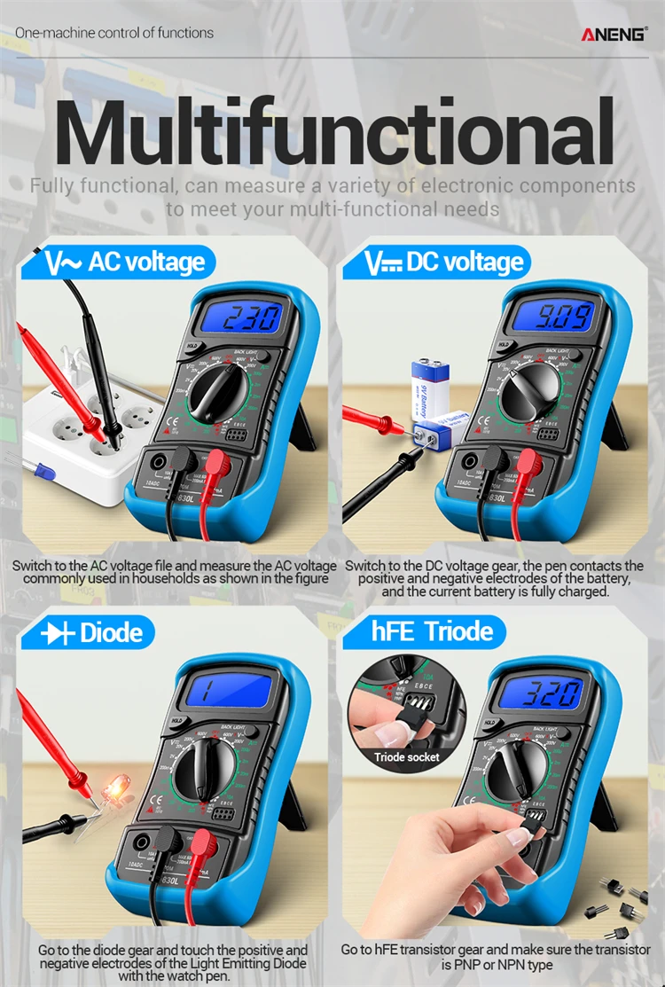 Intelligentes Multimeter Mini AC/DC Spannungs- und Strommessgerät 1999 Messungen Widerstand Diode HFE Buzzer Multimetro Detektor Werkzeug ANENG XL830L – Detail 10