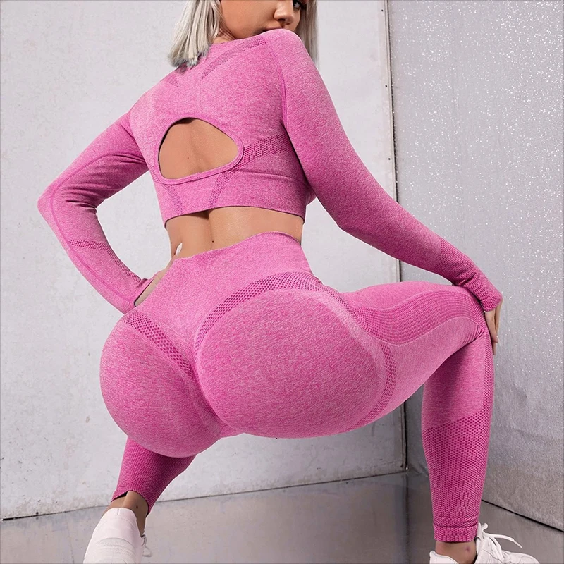 Fashion Seamless Yoga Wear Peach Hips Women Back Hollow Long Sleeve Sports Yoga Suit Fitness Wear Women