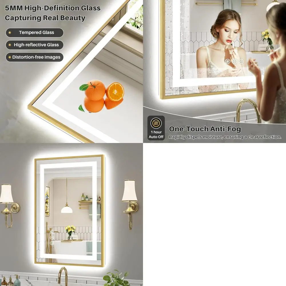 

Gold Backlit LED Bathroom Mirror, 24x36 Inches, Front & Rear Lit, Anti-Fog, Memory Function, Dimmable, HD Tempered Glass, Shatte