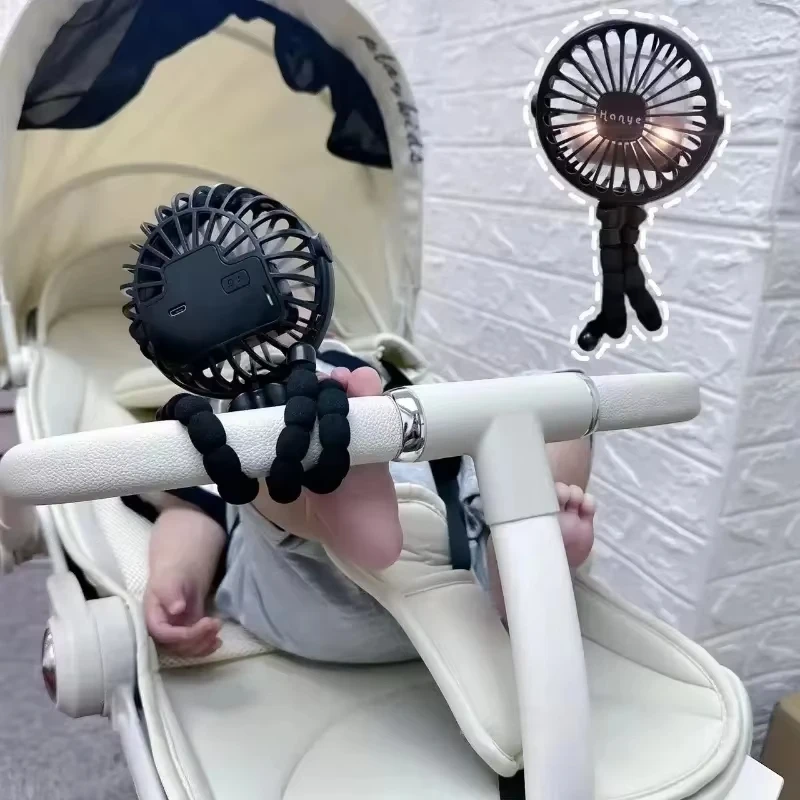 Ventilador de Carrinho de Bebê Octopus com Proteção Anti-entalamento de Mãos, 3 Velocidades, Luz Noturna Pequena, USB, Mini Ventilador Portátil com Carregamento de 3 Velocidades