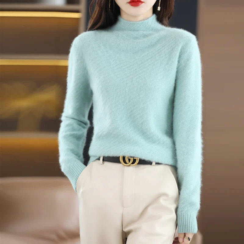 

New Female Mink Sweater Knitted Half High Collar Pullover Long Sleeve 2022 Autumn Winter Warm Solid Color Fashion Korean Edition