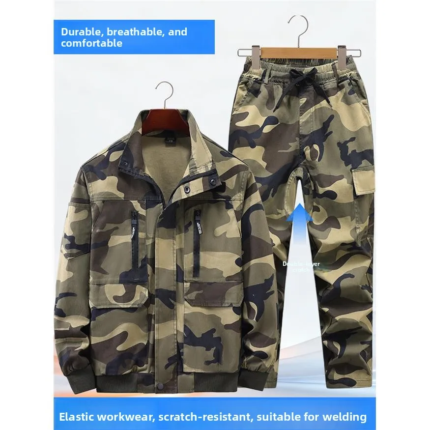 

Весенне-осенний рабочий костюм из чистого хлопка с камуфляжным принтом, мужской, свободный, эластичный, защитная спецодежда для ремонта и обслуживания