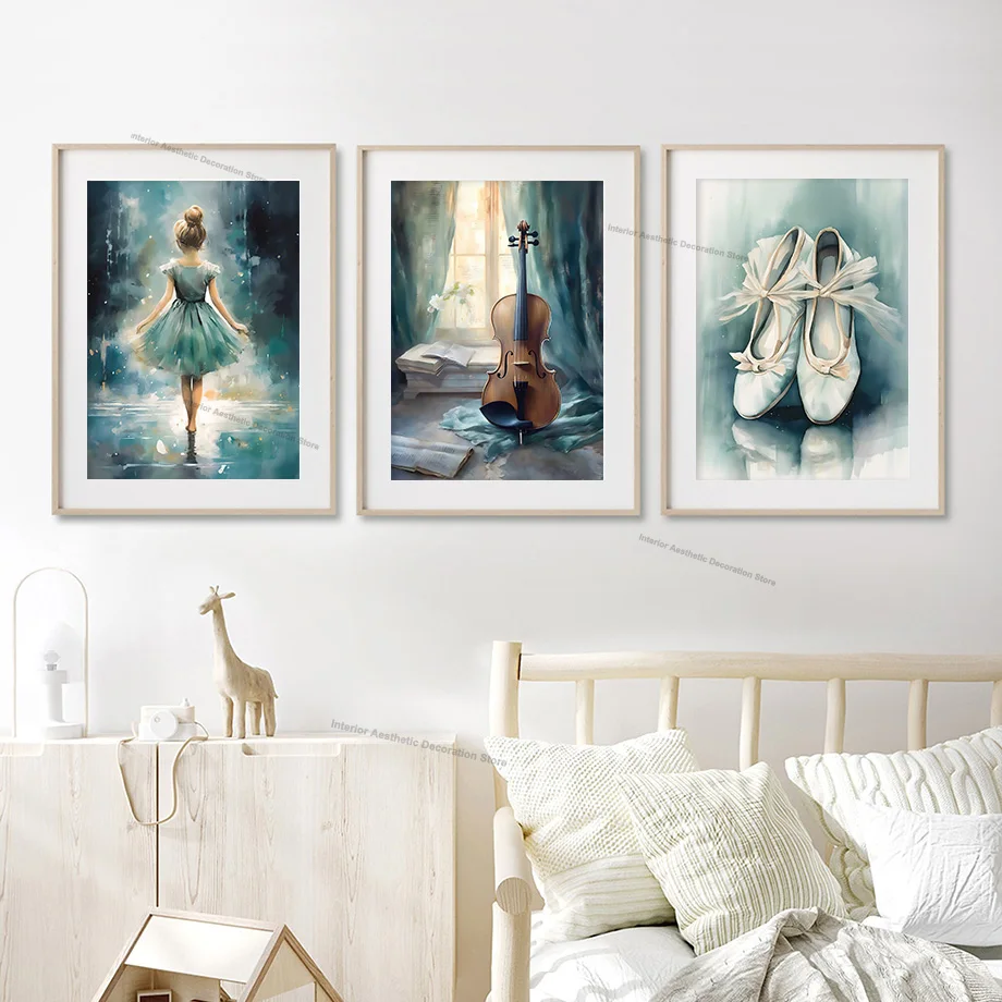 Watercolor Girl Ballet Shoes Cello Nordic Wall Art Posters Nursery Canvas Prints Painting Pictures For Baby Kids Room Home Decor