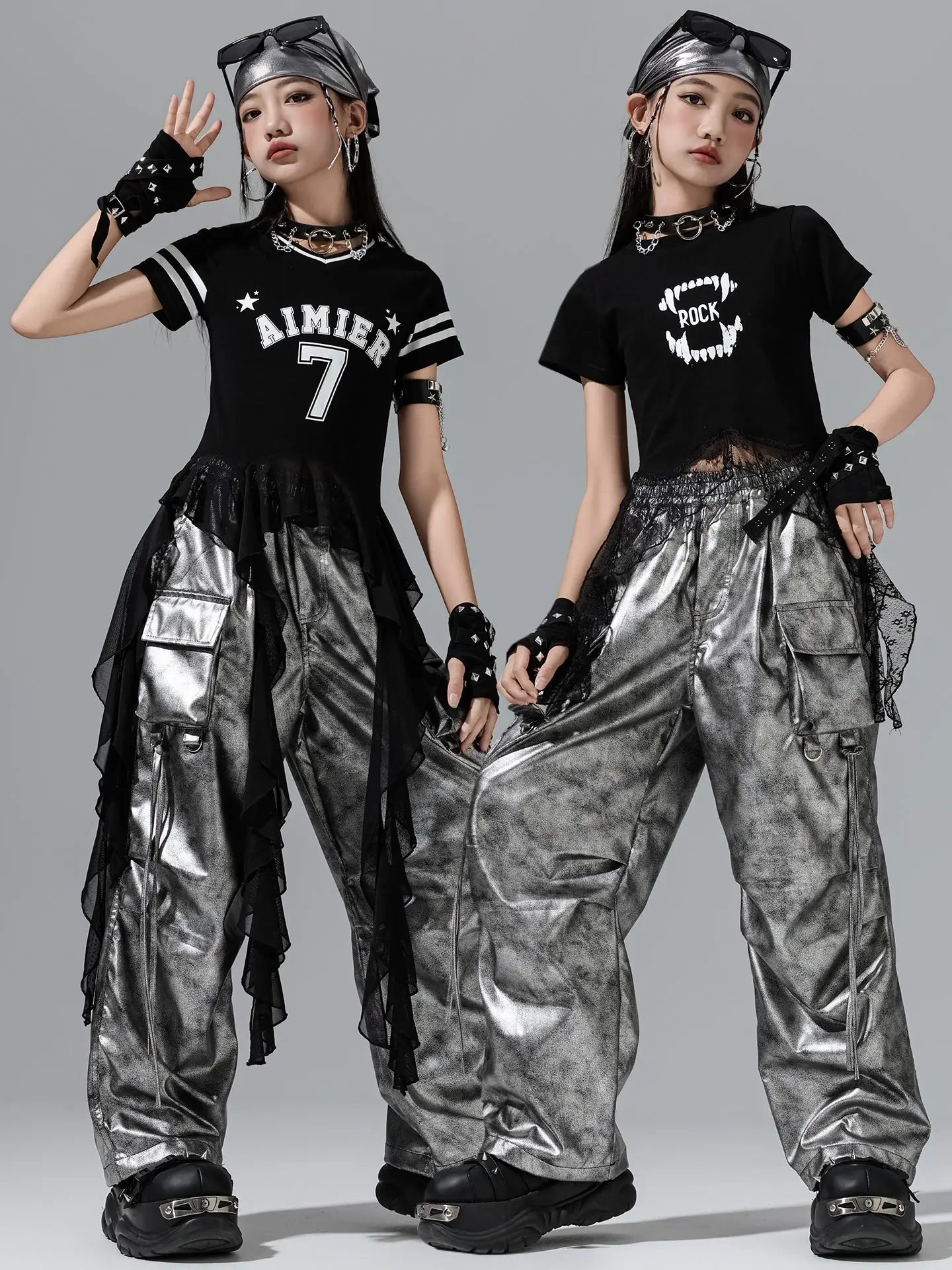 Vêtements de danse Jazz pour filles, hauts nombril d'été, pantalons hip hop argentés, Costume de spectacle de Concert de Style Kpop, vêtements de scène pour enfants BL16656