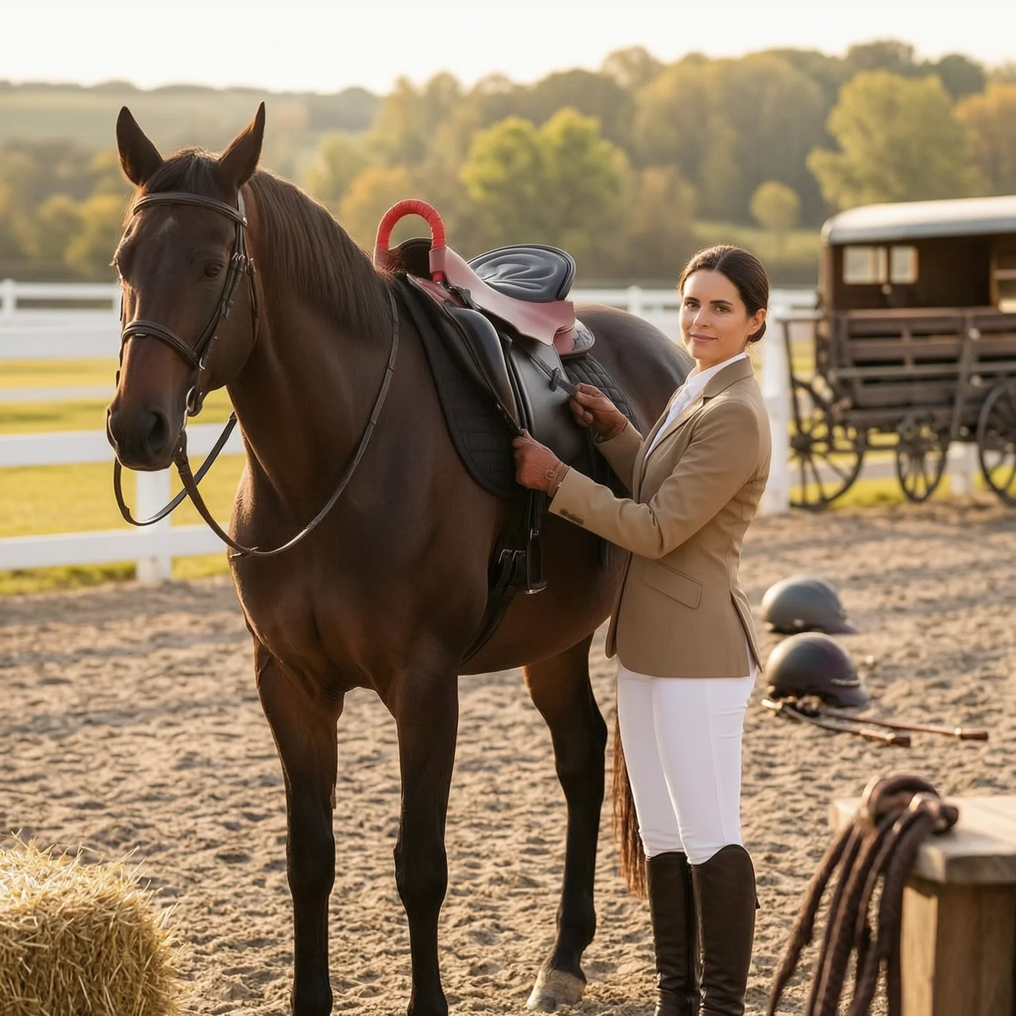 Leather Saddle Contoured Doubleequestrian Saddle Tack Secure Stirrup Irons Deep for Horse Riders, Horseback Riding