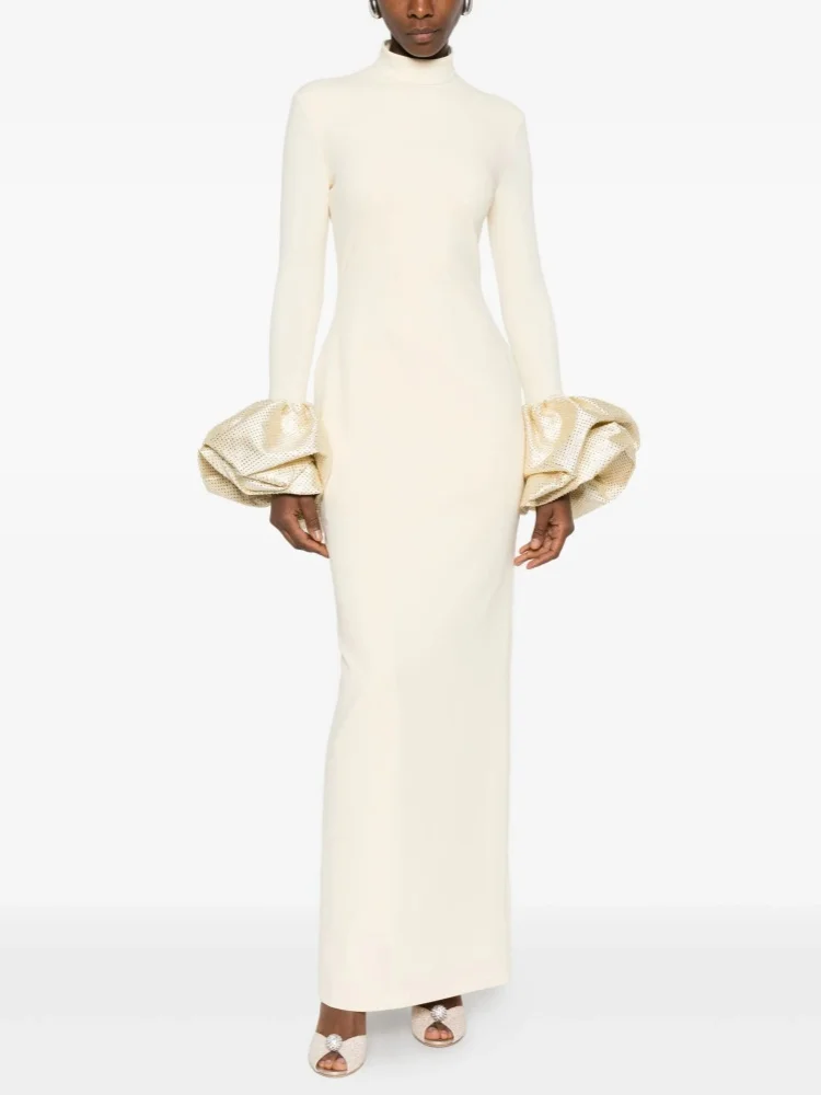 

Sexy O Neck Crepe Diamonds Long Sleeves Long Dress Women Ruffles Rhinestone Slim Dresses Party Cocktail Evening Gowns