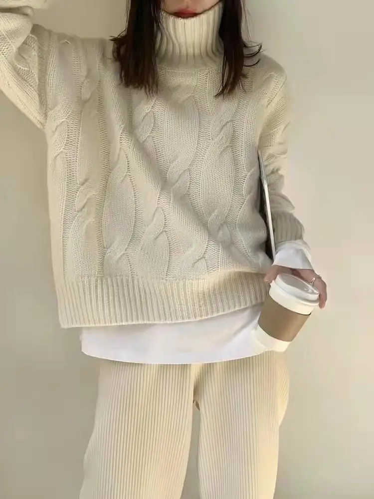 Turtleneck Cashmere Sweater for Women, Loose and Lazy Knitted Top, Thick Bottoming, 100% Pure Cashmere, New for Autumn and Winte