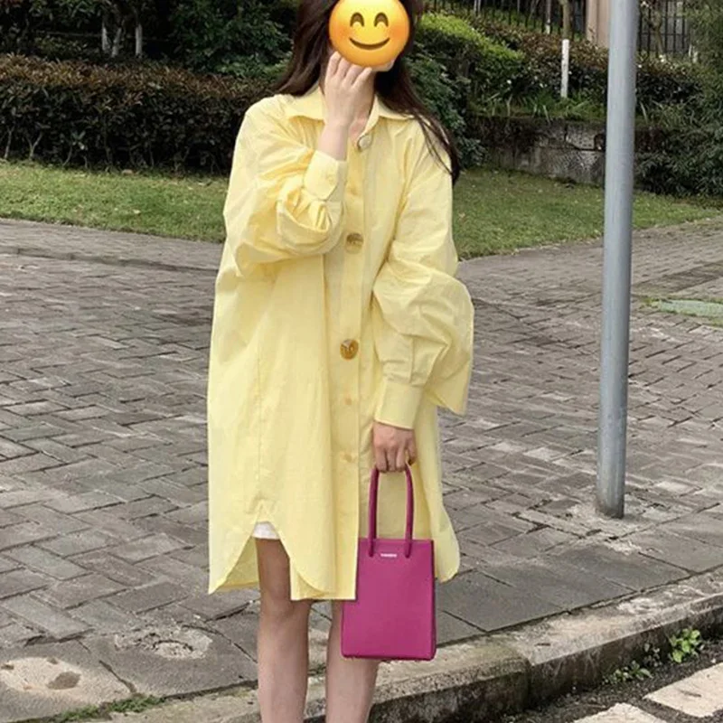 Spring Autumn 2025 New Casual Korean Solid Color Turn-down Collar Shirt Dress Femme Simplicity Buttons Lantern Sleeve Dresses