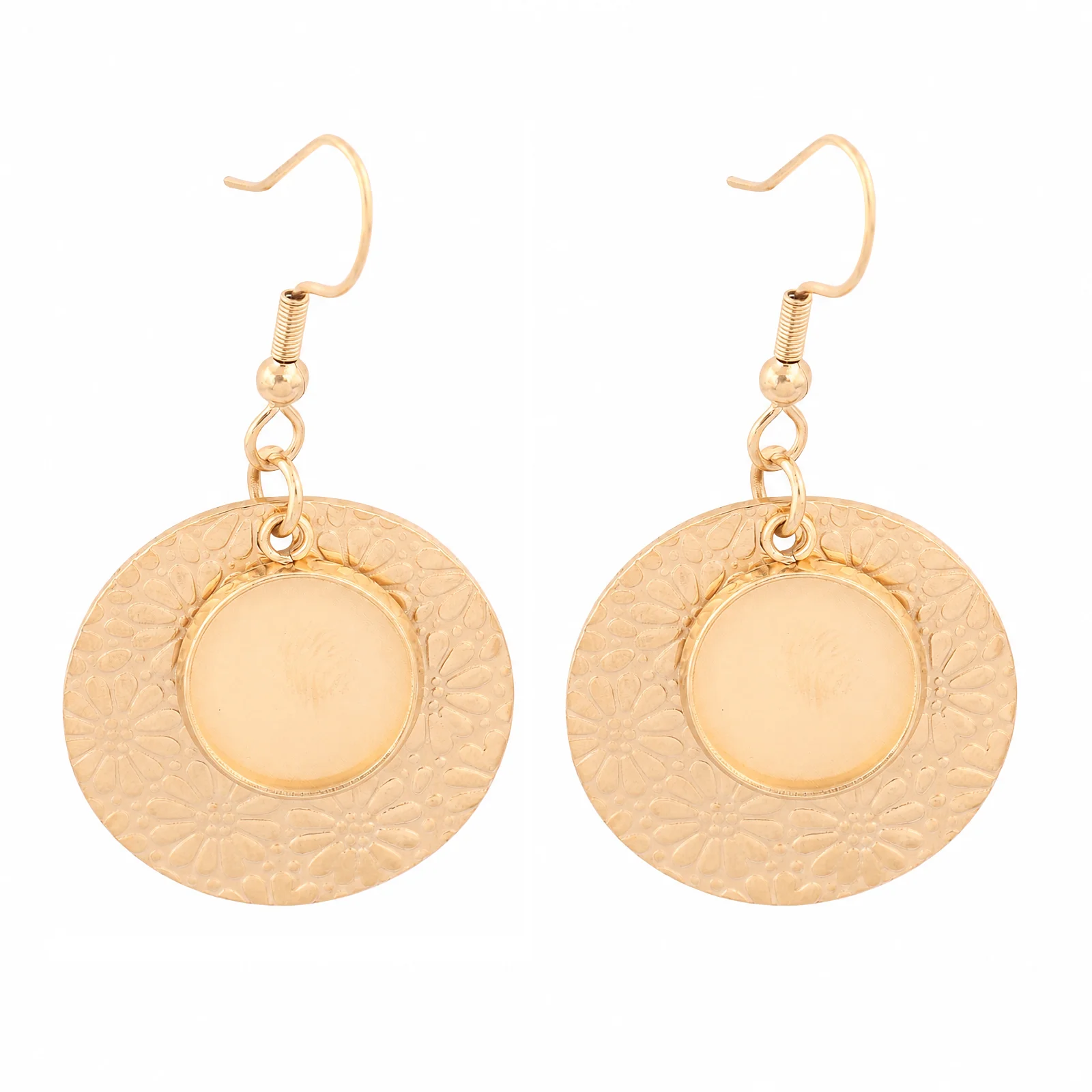 4pcs Gold Plated Stainless Steel Earring Base Blanks With 12mm Cabochon Trays Diy 25mm Embossed Flower Disc For Jewelry Making