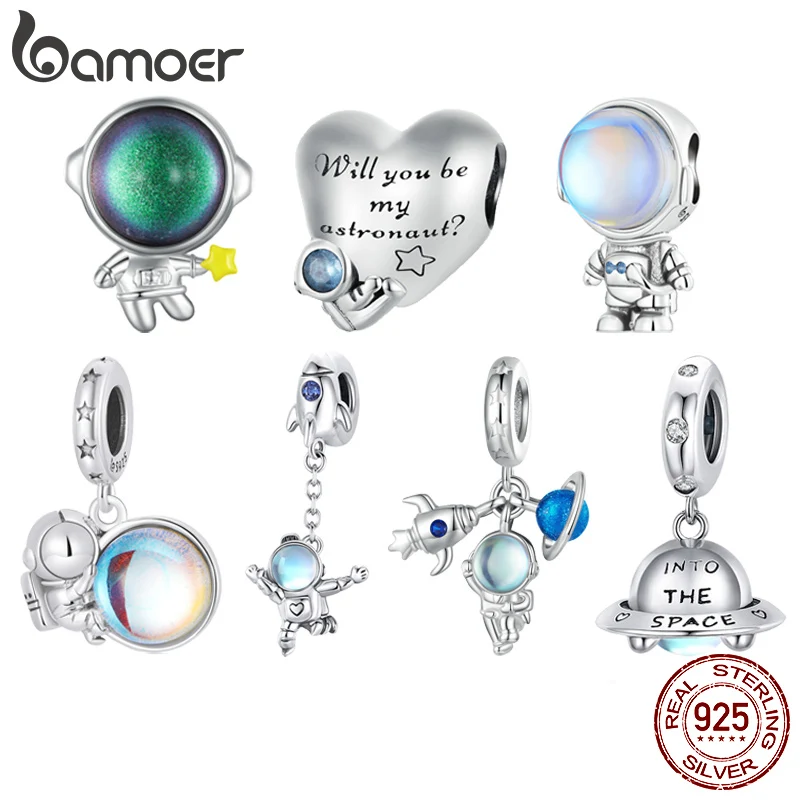 Bamoer 925 Sterling Silver Astronaut Hanging Bead Heart-shapped Charms for Women Bracelet and Necklace DIY Fine Jewelry