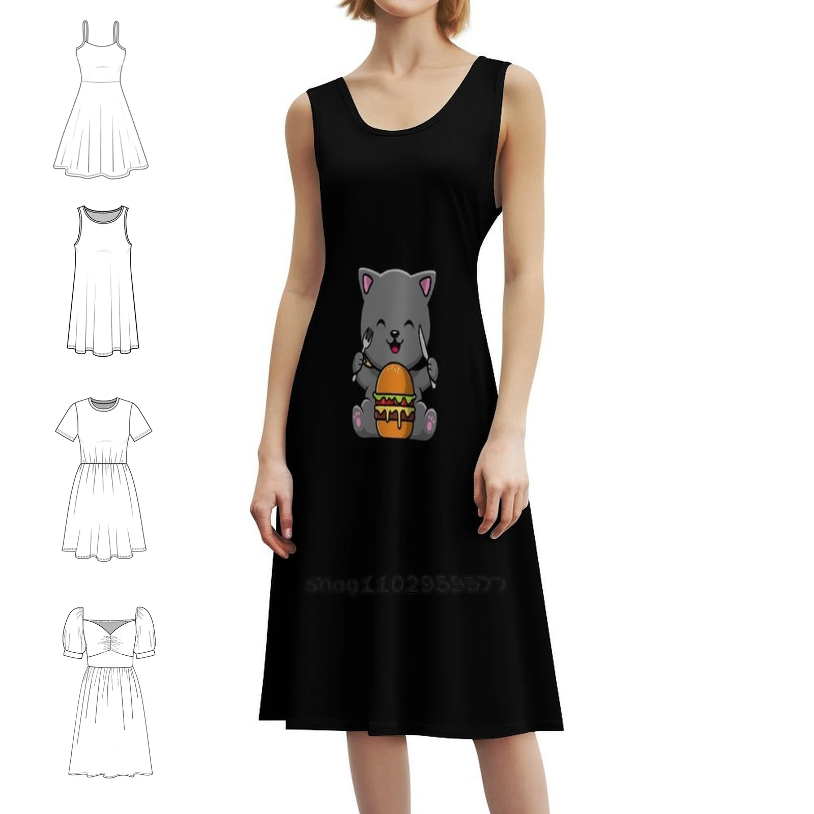 فستان بوهيمي بدون أكمام لآكل القطط، فستان متعدد الطباعة لقضاء العطلات على الشاطئ، فستان برجر للقطط، طعام القطط، فستان برجر أحب