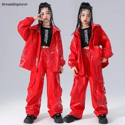 Boys Hip Hop Cool Leather Jacket Street Dance Cargo Pants Girl K-pop Clothes Sets Kids Child Teens Fashion Jazz Shiny Streetwear