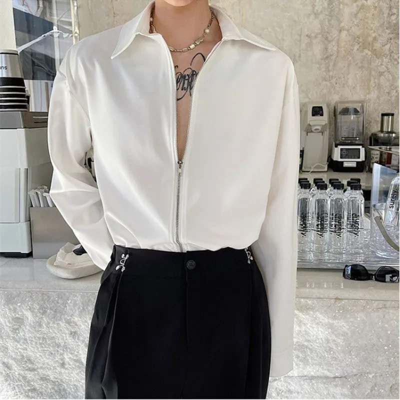 Fashionable Autumn Zipper Splicing Cardigan Casual Loose Solid Color High-end Lapel Long-sleeved Shirt