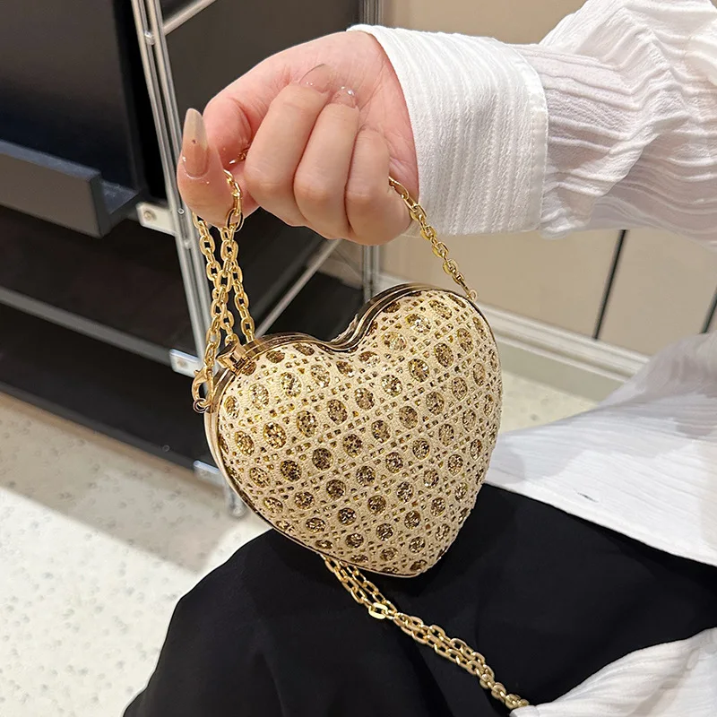 Bolso de mano con diamantes de imitación brillantes para mujer, cartera con forma de corazón, dorado, para noche, boda, Formal, para fiesta