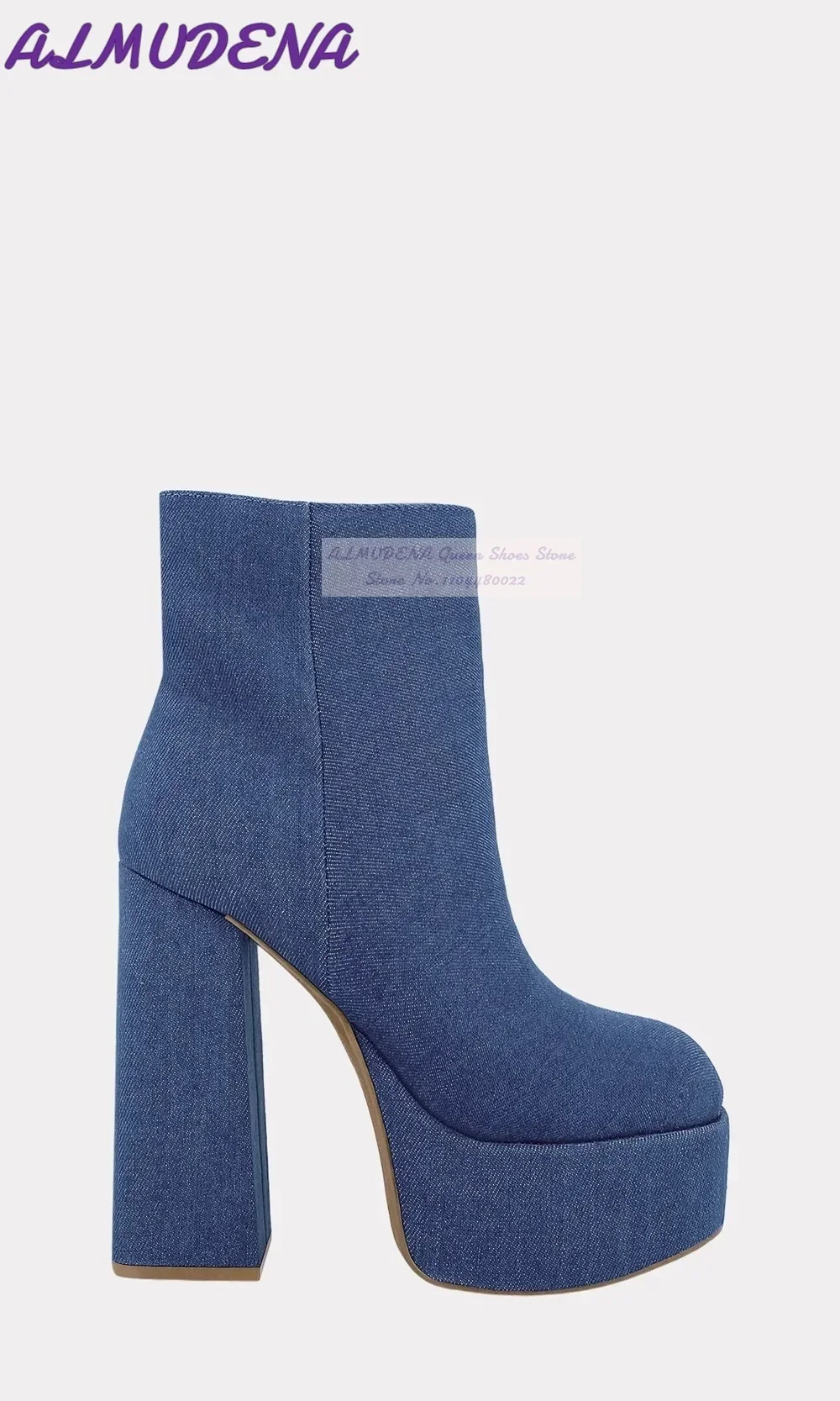 ALMUDENA Stivaletti con tacco largo in denim blu Jeans con plateau alto Stivaletti corti con cerniera Scarpe eleganti con tacco grosso irregolare Dropship