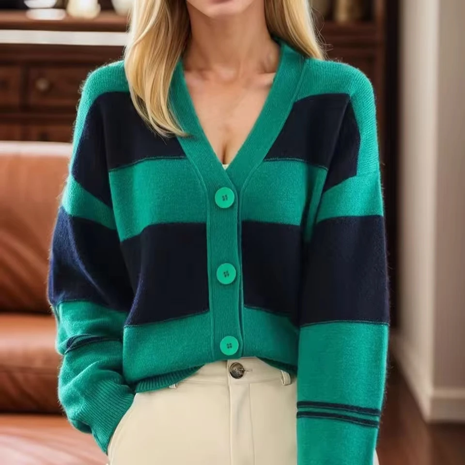 

Women'S Color Block V Neck Knitted Cardigan Elegant And Chic Sweater With Design Perfect For Autumn And Winter свитер женский