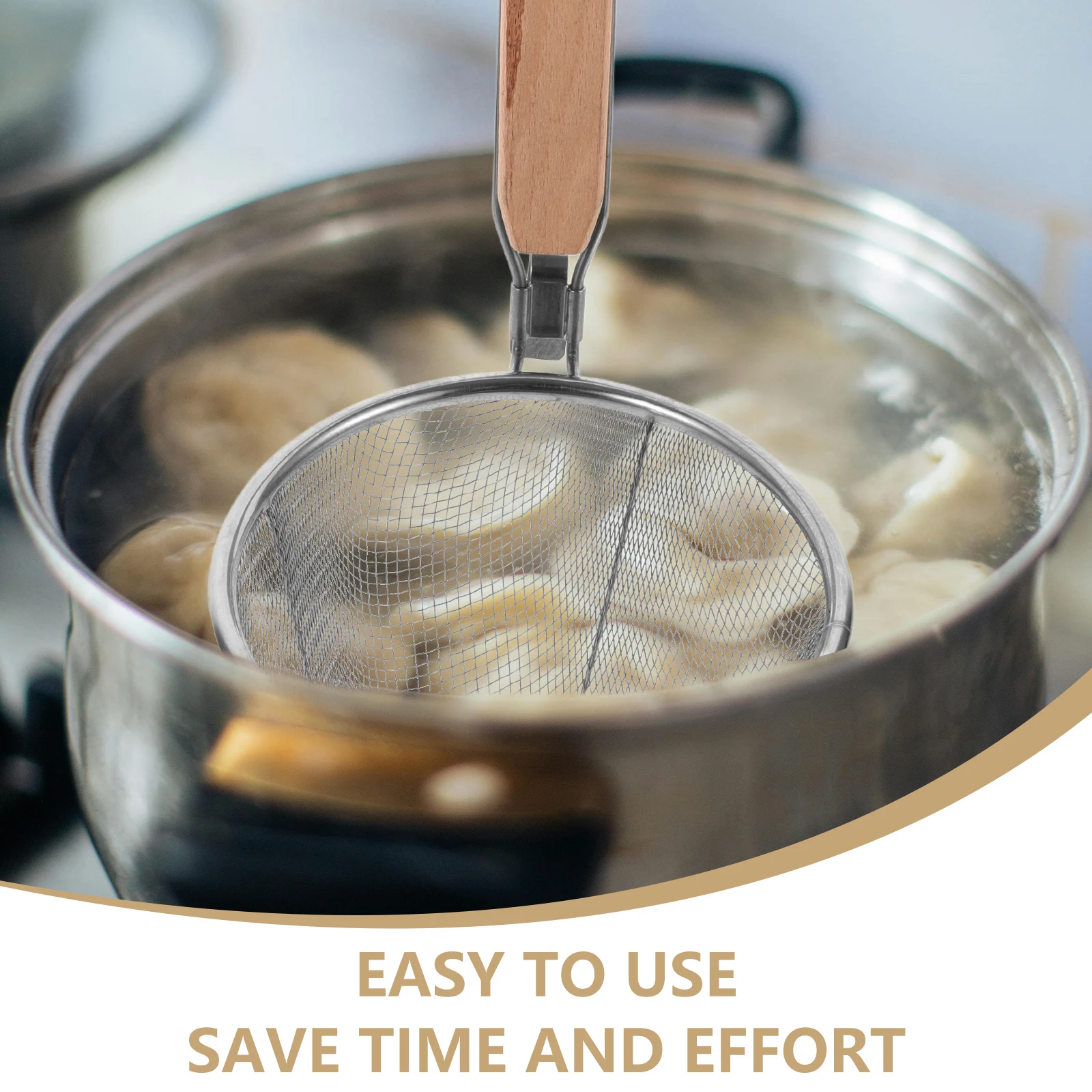 

Fine Mesh Pasta Basket Stainless Steel with Wooden Handle for Easy Drainage Noodle Strainer Colander Kitchen Cooking Serving