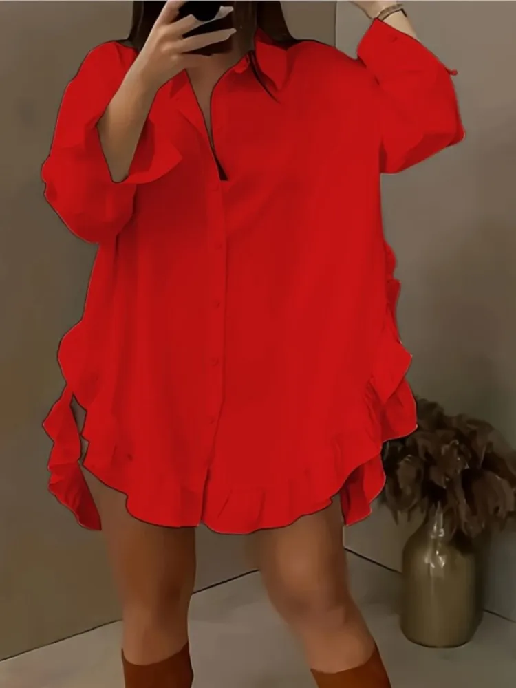 Gaun pesta Mini wanita, baju kasual lengan panjang dengan kerah Falbala, gaun Mini warna Solid untuk pesta Prom, blus kasual Vintage