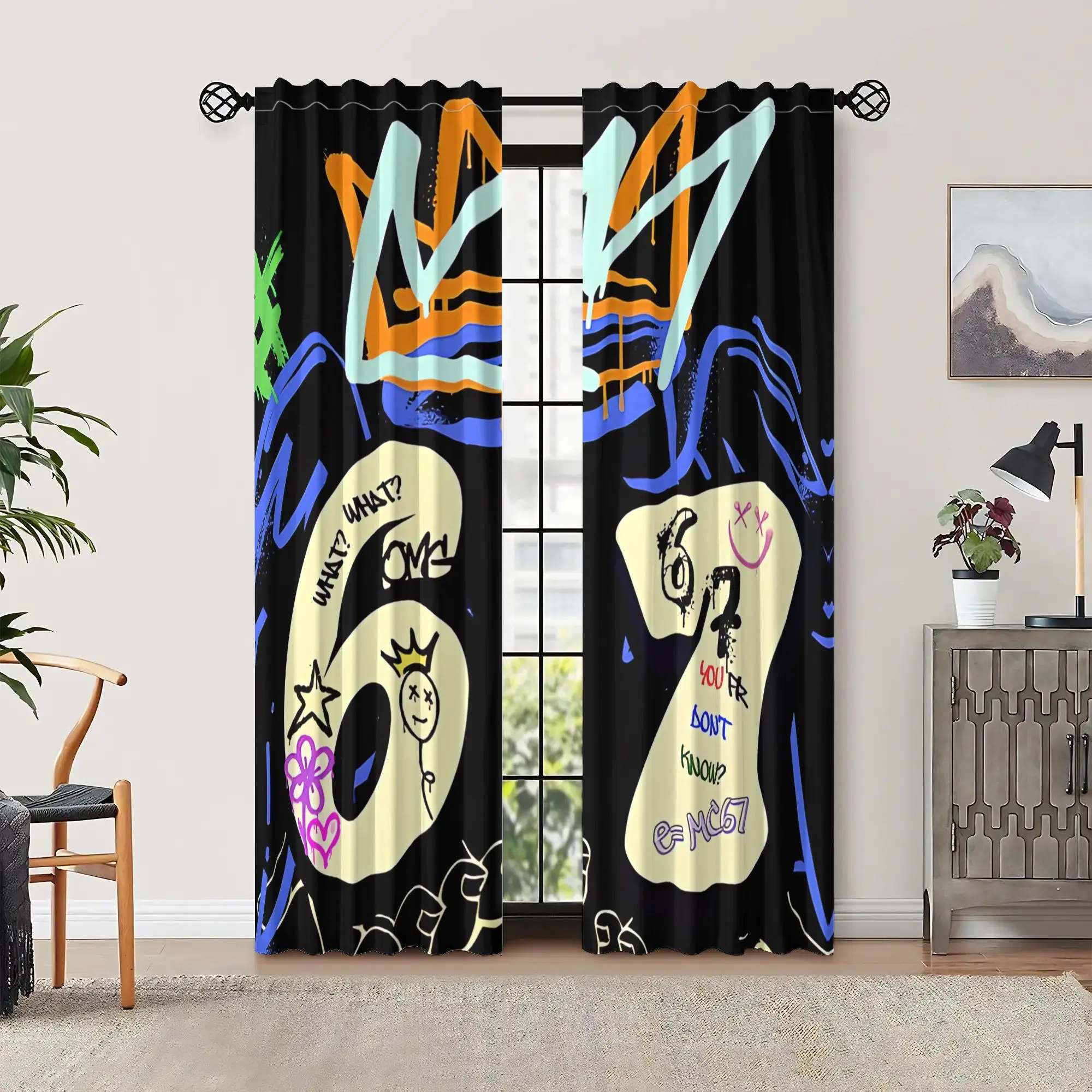 Urban Graffiti Curtain, Colorful Street Art Spray Paint Pattern Drape Cool Hip Hop Window Treatment for Bedroom Living Room Game