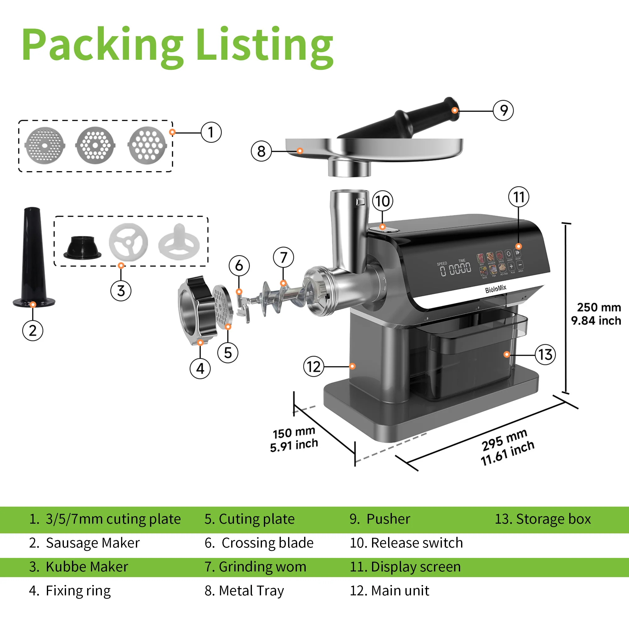BioloMix 1600W 6-in-1 Meat Grinder – Touch Screen Presets, Auto-Reverse, Perfect for Grinding, Sausage and Kibbe Making
