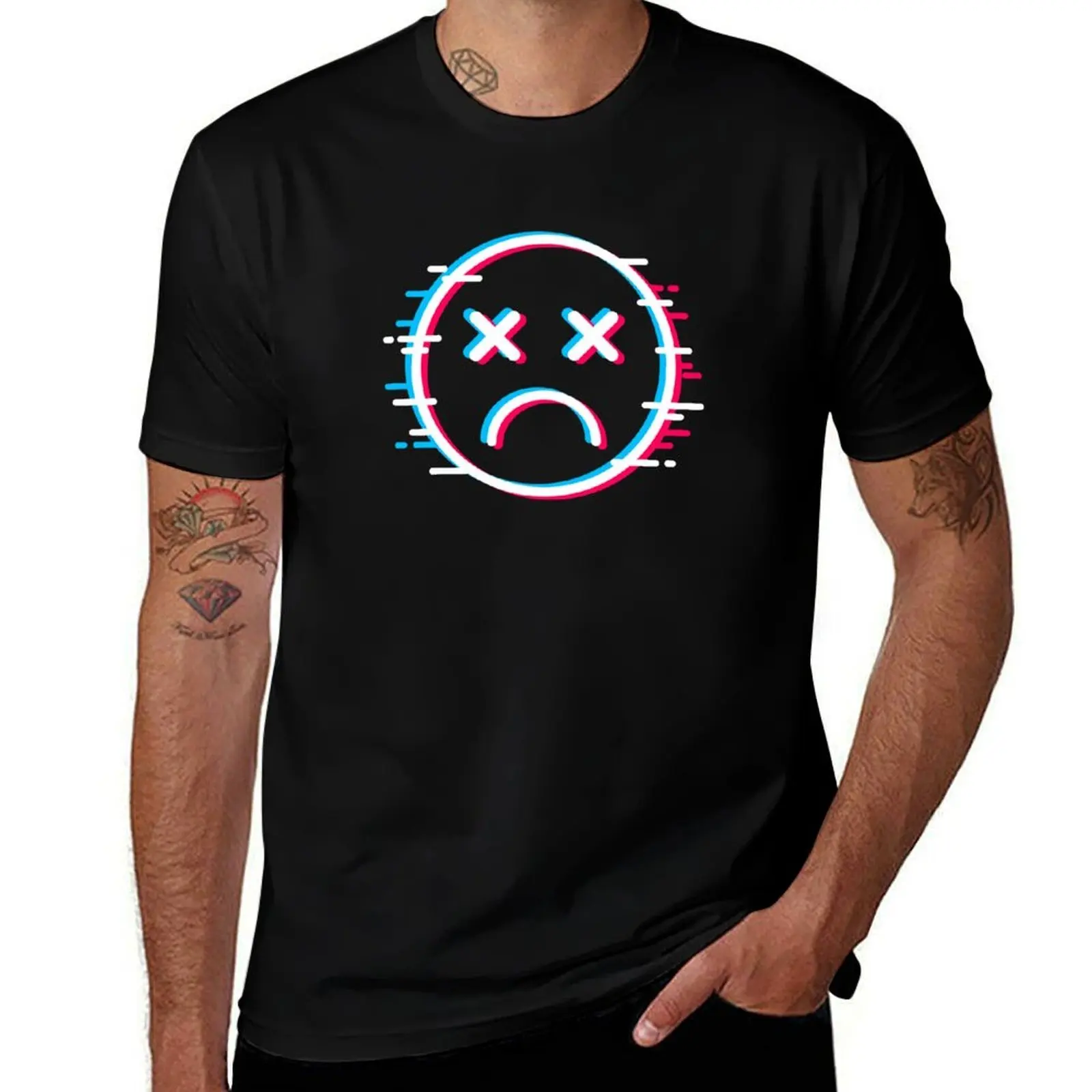 Glitch Face Sad Mask T-Shirt Big and Tall Solid Color T-Shirt