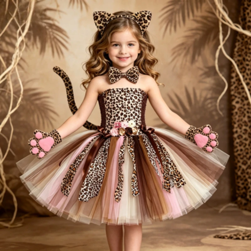 Girls Cheetah Performance Outfit Floral Leopard Print Tulle Tutu Skirt Kids Jungle Themed Dress Set Halloween Birthday Party