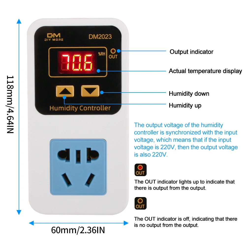 DM2023 digital display humidity controller intelligent humidity control socket AC110-220V 10A Humidity Controller