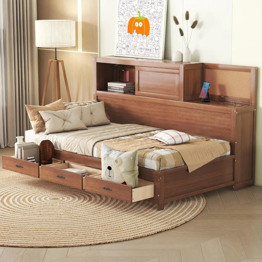 

SOFTSEA Twin Size Daybed with Bookcase Headboard, Wood Daybed with Storage Drawers & Shelves & USB Ports, Space Saving Bed Frame