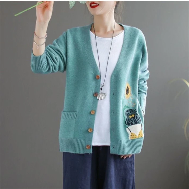 Spring Autumn New Fashion Funny Kawaii Jacquard Knitted Cardigan Women\'s Vintage V-Neck Loose Long Sleeve Sweater Coats Clothes