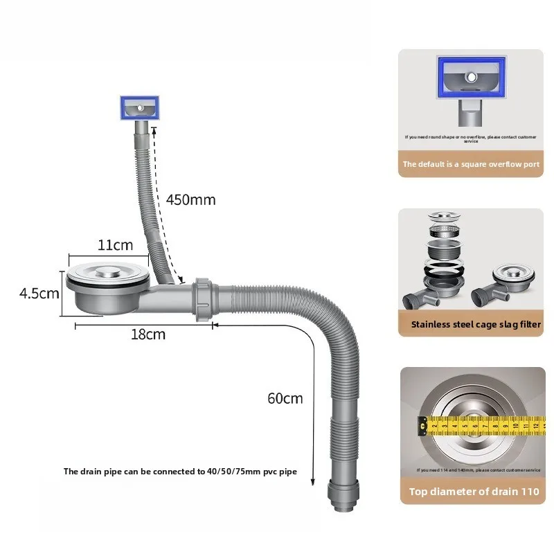 Ceramic Quartz Stone Basin Universal Ultra-thin Drainage Pipe Three-way Side Row Balcony Cabinet Laundry Sink Drain Complete Set