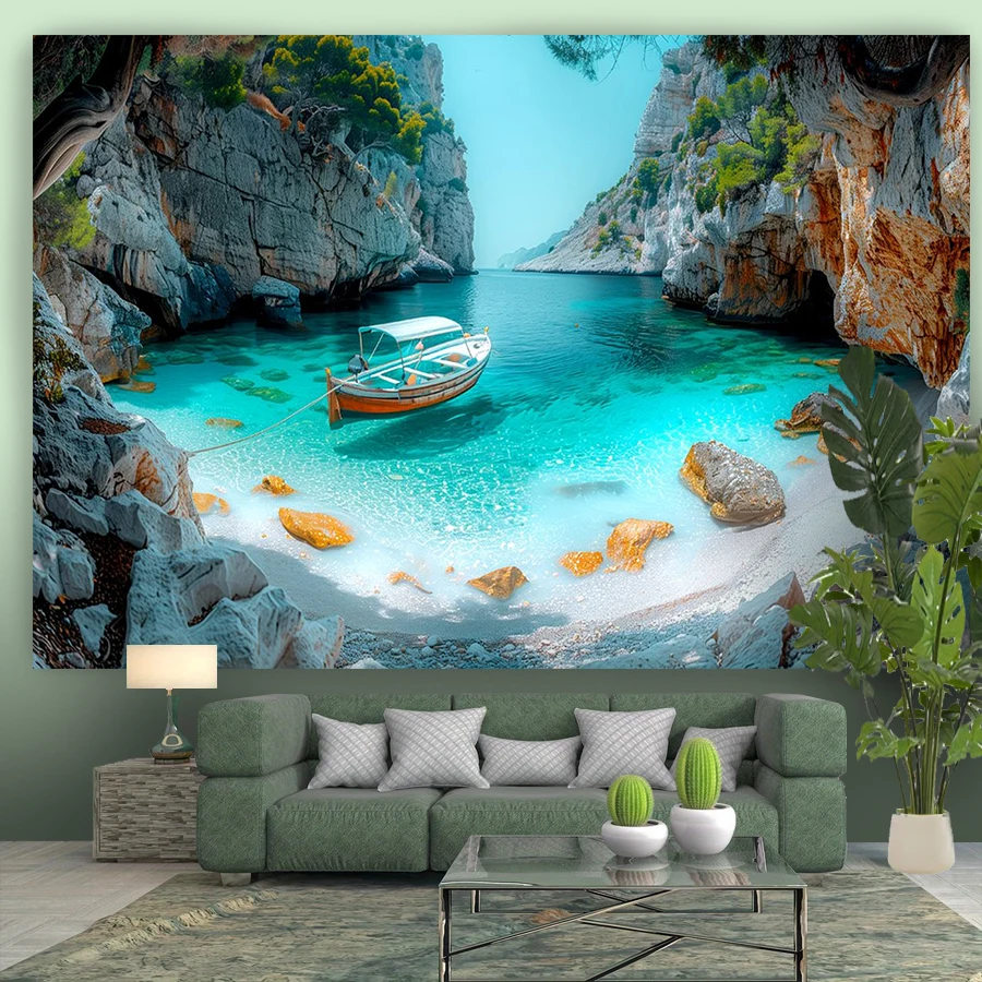 1PC Cave Beach Boat View Print Backdrop Banner, Bedroom Living Room Photo Background, Polyester, Home Decor, Wall Art