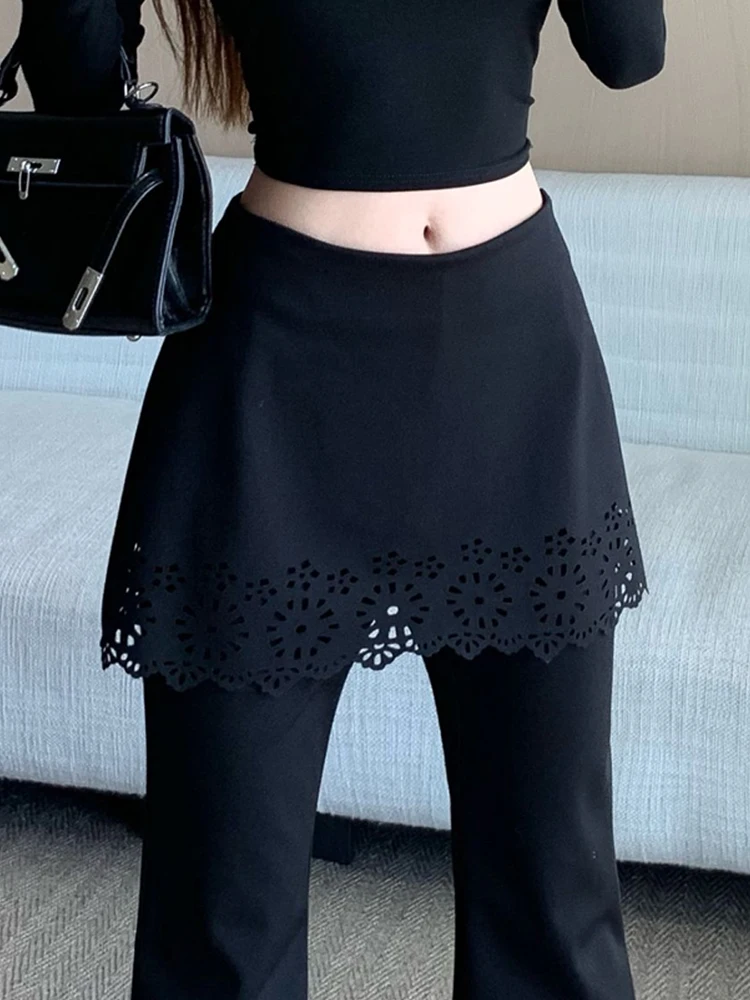 Black micro flared pants women autumn design sense hollow out fake two piece high waisted casual floor length pants