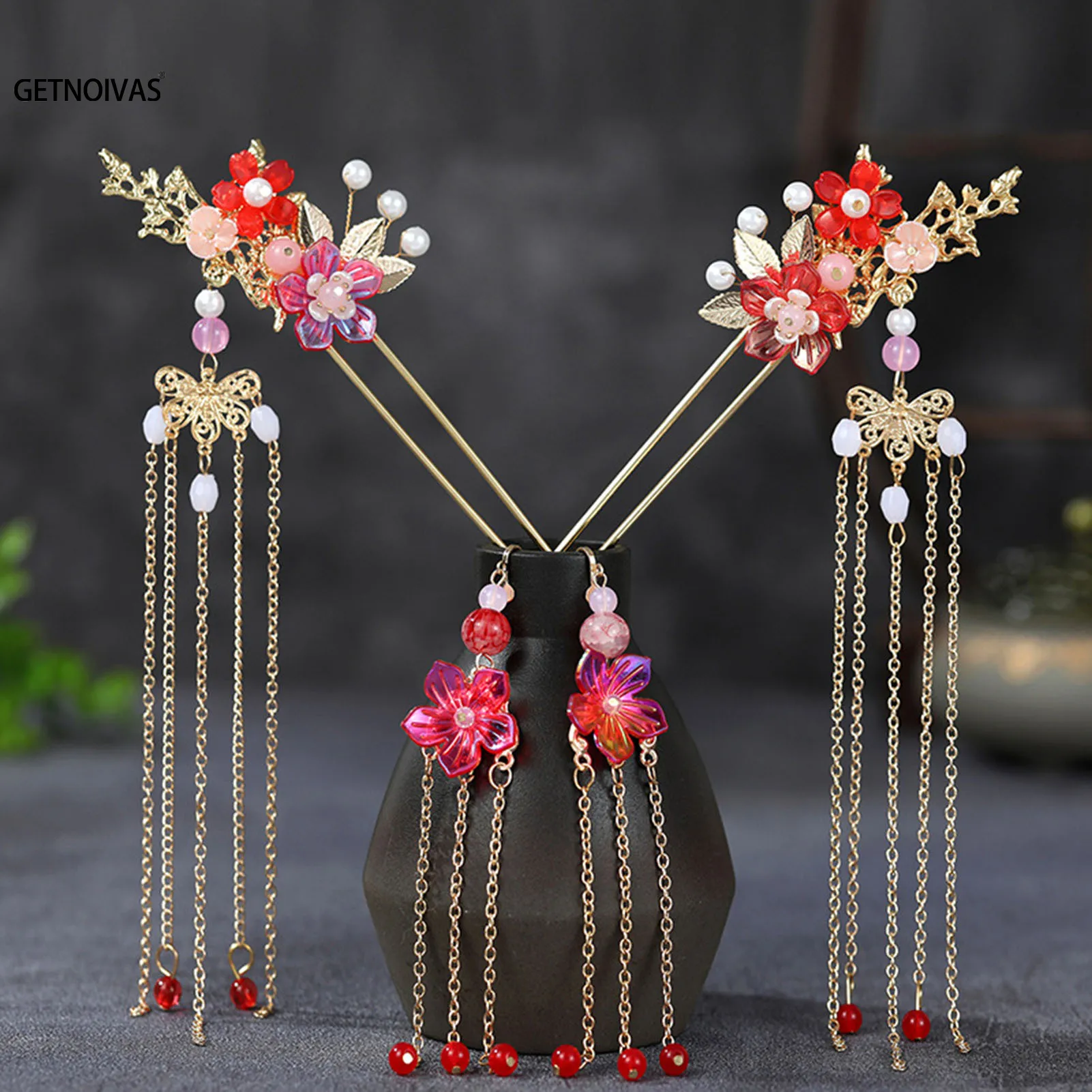 Chinese Hair Sticks Tiaras Headpiece Women Pearl Tassel Red Flower Hairpins Forks Vintage Hanfu Wedding Hair Accessories Jewelry