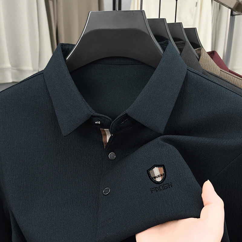

Высококачественная брендовая мужская рубашка-поло с лацканами и буквами, осенняя футболка с длинными рукавами, бесшовная деловая повседневная мужская одежда с защитой от скатывания